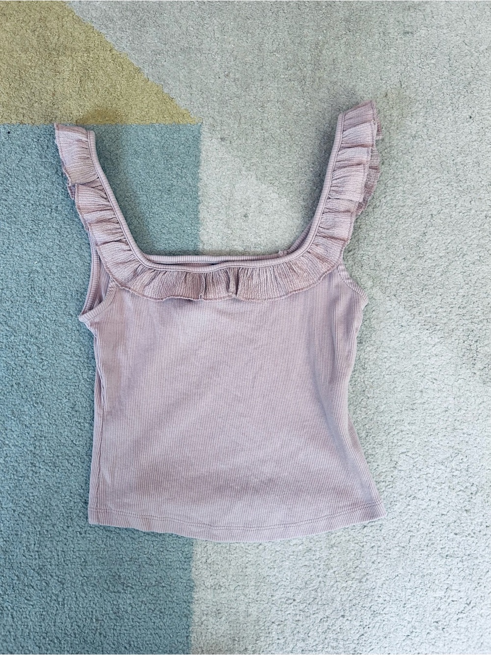 Divided Ribbed Ruffle-Trim Square Neck Cami in Dusty Rose - Picture 6 of 6